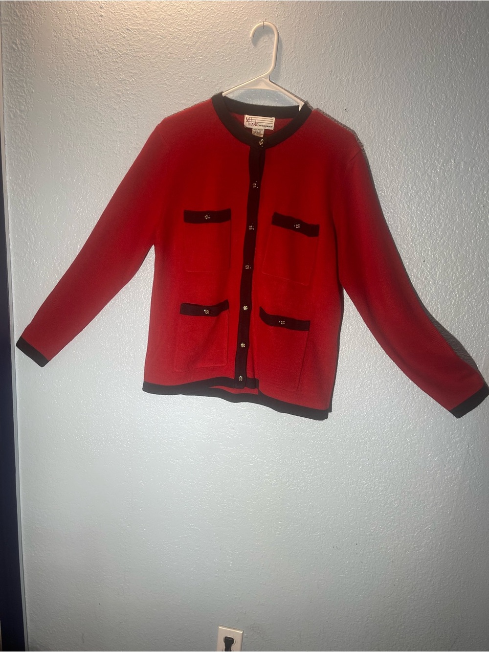 Red Knit Cardigan with Black Trim